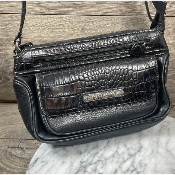 Brighton Handbags - VTG Brighton Shoulder Bag Black Leather Croc Pockets Adjustable Retro Purse Y2K